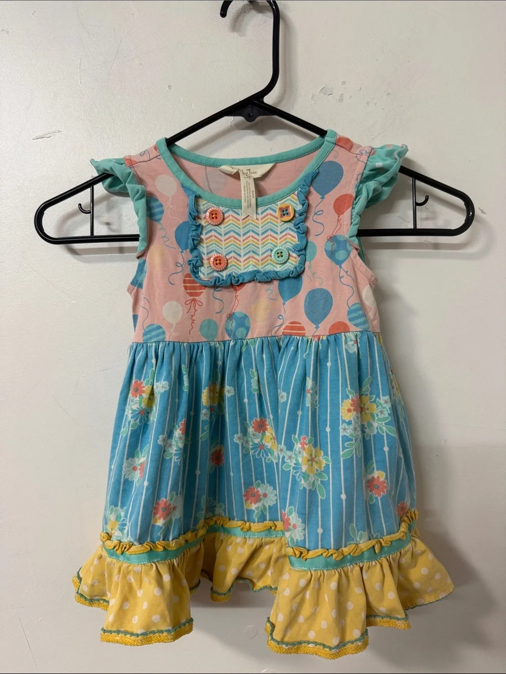 Matilda Jane Pink Balloon & Blue Floral Ruffle Dress with Yellow Trim
